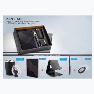 5 In 1 Set: Foggy Ss Coffee Mug, Metal Pen, Metal Mobile Stand, A5 Notebook And Keychain